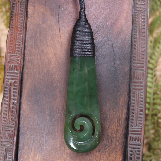 Roimata or Teardop with Koru carved from Kawakawa Pounamu - NZ Greenstone