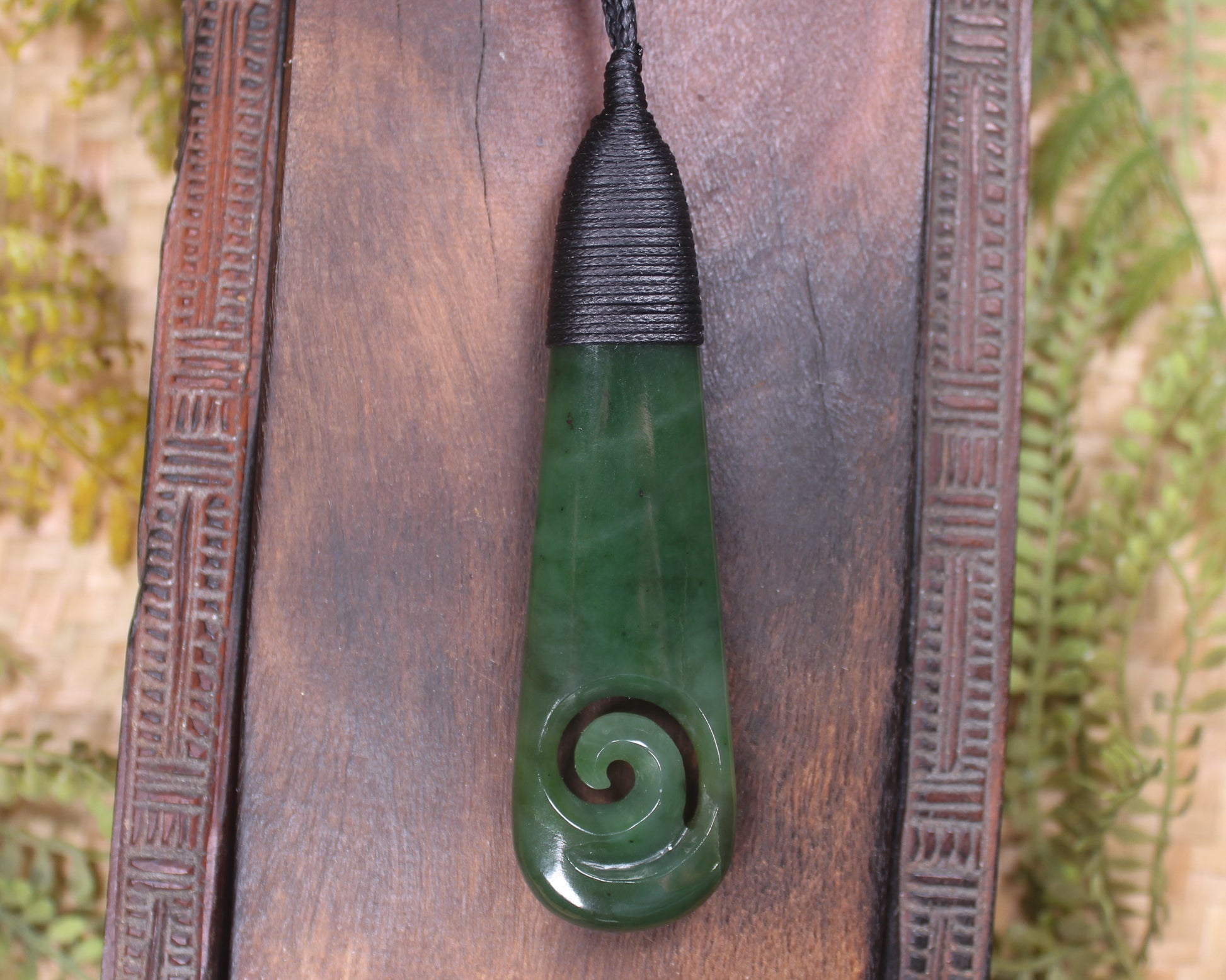 Roimata or Teardop with Koru carved from Kawakawa Pounamu - NZ Greenstone