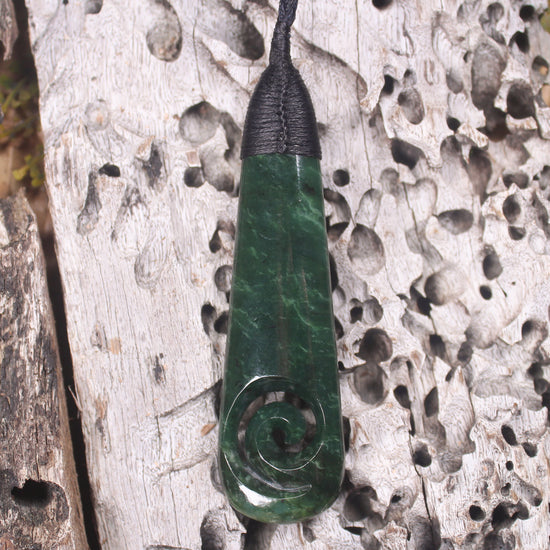 Roimata or Teardop with Koru carved from Kawakawa Pounamu - NZ Greenstone