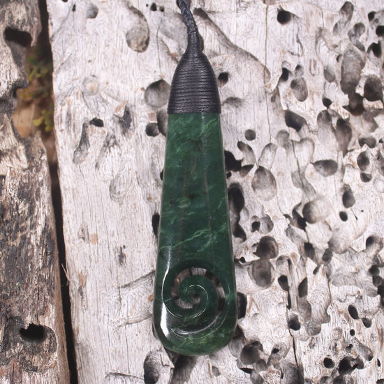 Roimata or Teardop with Koru carved from Kawakawa Pounamu - NZ Greenstone