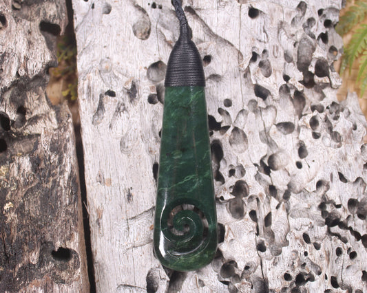 Roimata or Teardop with Koru carved from Kawakawa Pounamu - NZ Greenstone