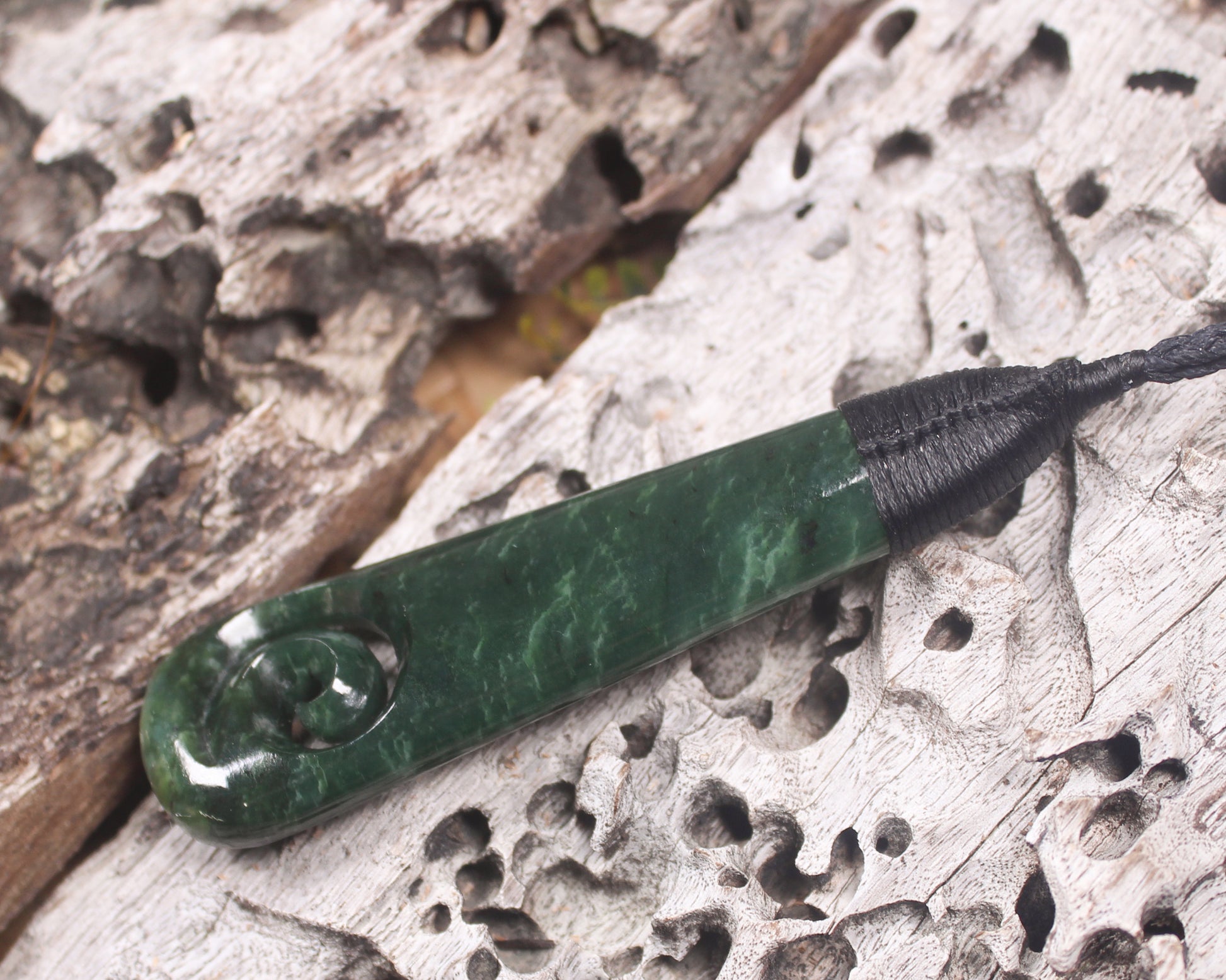 Roimata or Teardop with Koru carved from Kawakawa Pounamu - NZ Greenstone