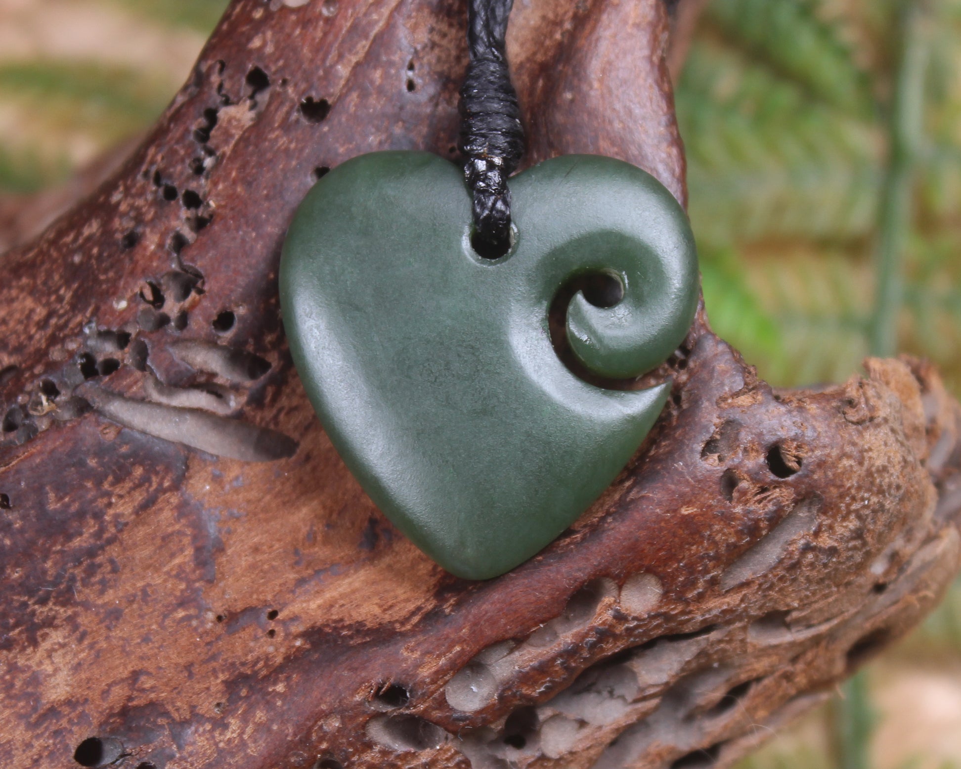 Heart with Koru carved from Kawakawa Pounamu - NZ Greenstone