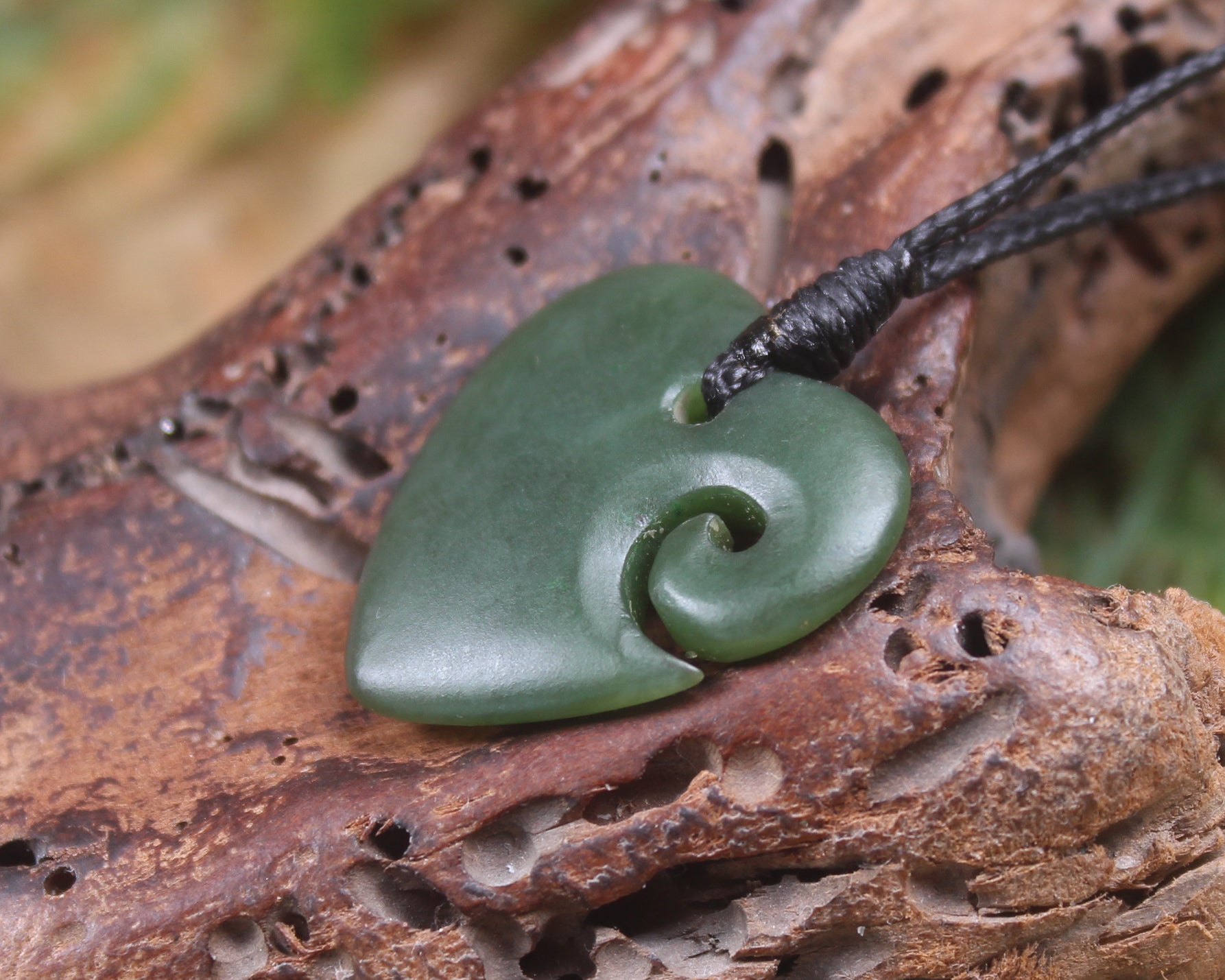 Heart with Koru carved from Kawakawa Pounamu - NZ Greenstone