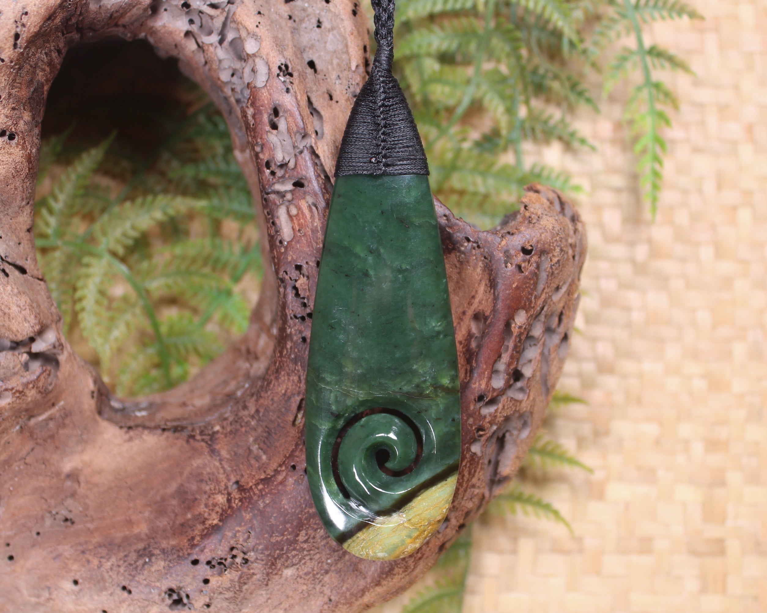 Roimata or Teardop with Koru carved from Kawakawa Pounamu - NZ Greenstone