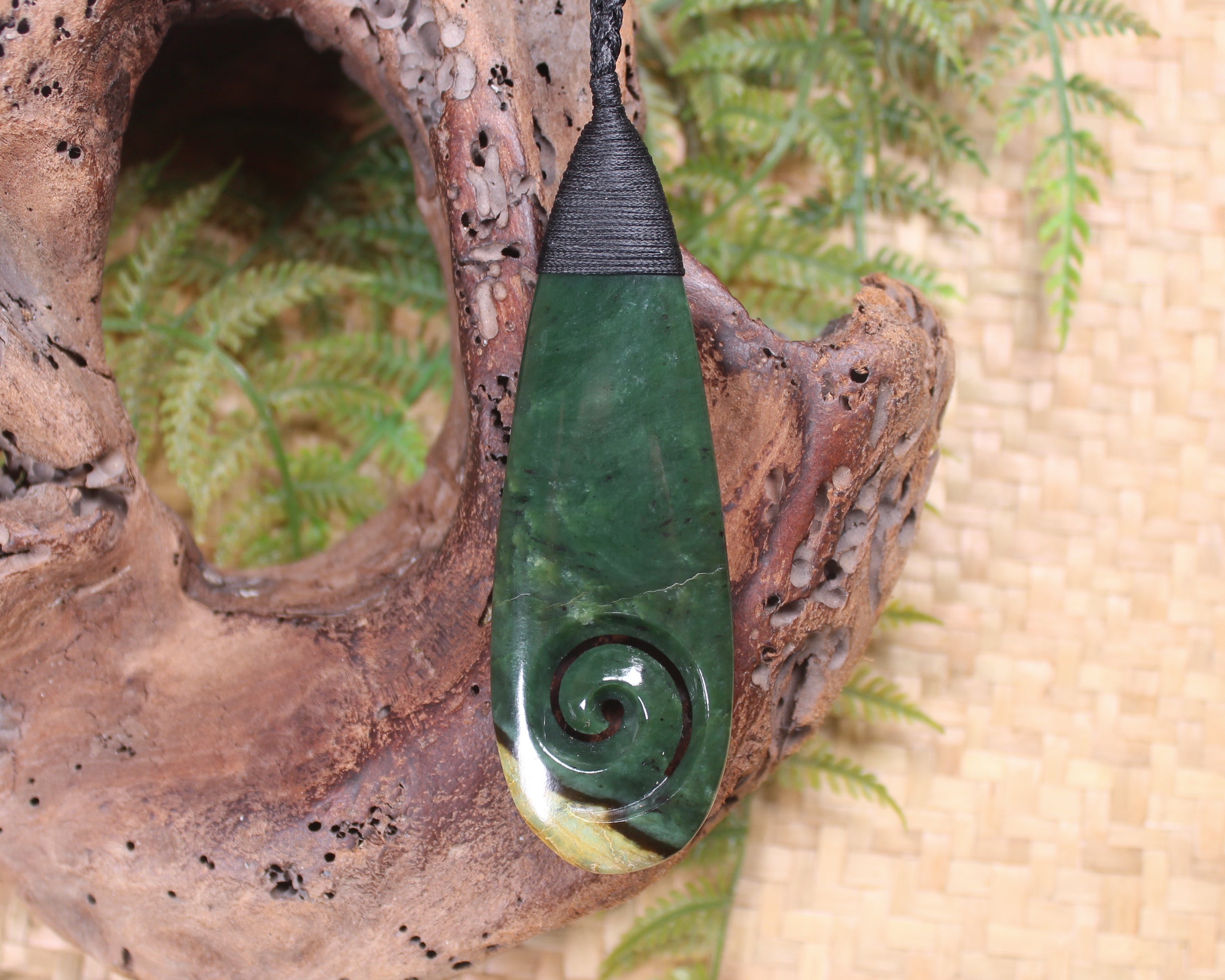 Roimata or Teardop with Koru carved from Kawakawa Pounamu - NZ Greenstone