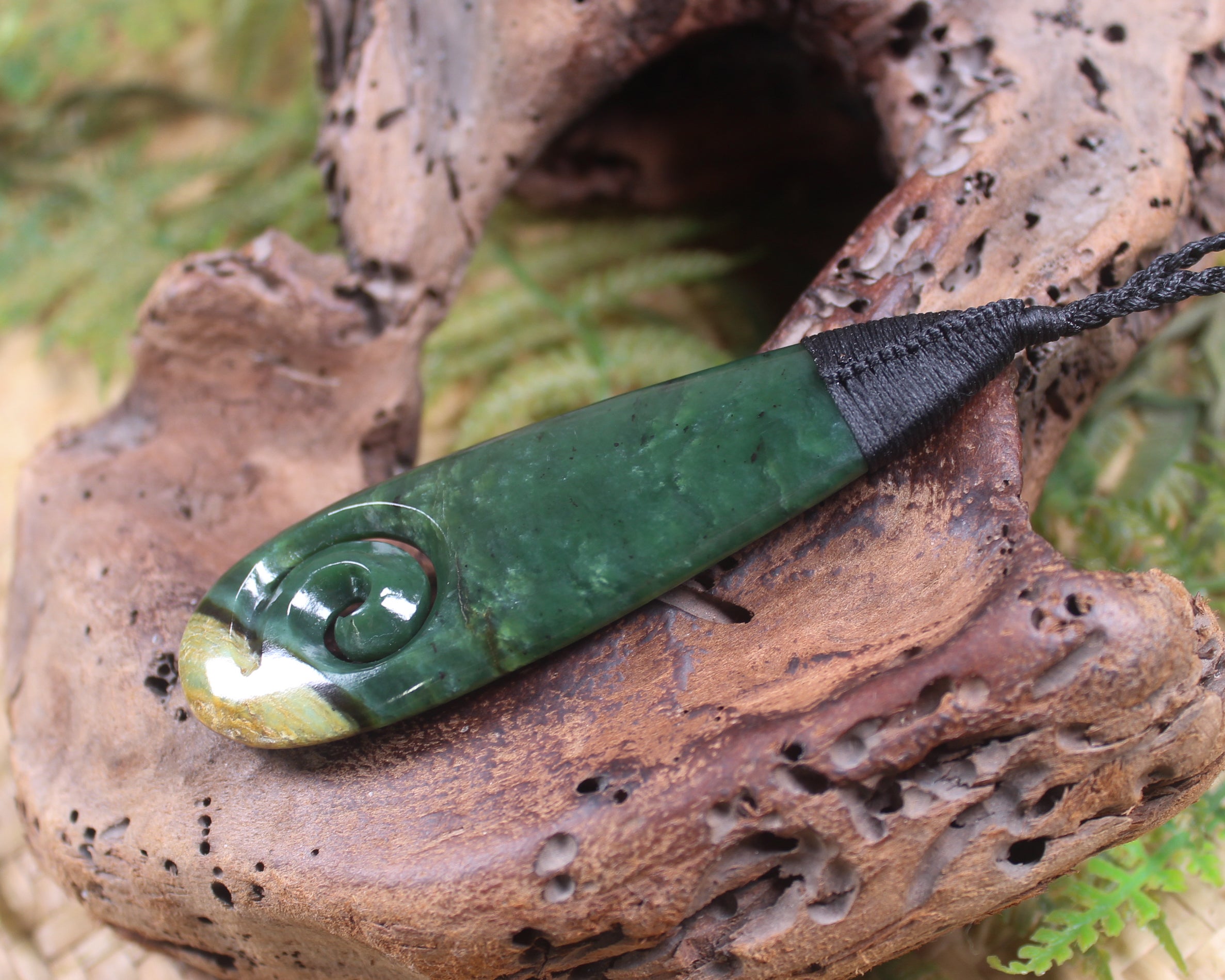 Roimata or Teardop with Koru carved from Kawakawa Pounamu - NZ Greenstone