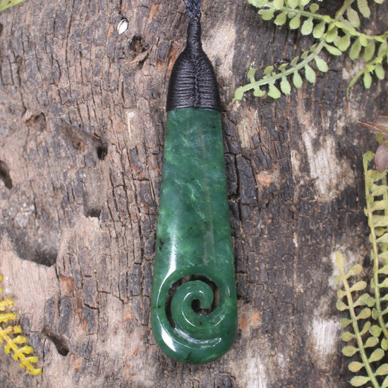 Roimata or Teardop with Koru carved from Kawakawa Pounamu - NZ Greenstone