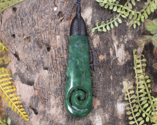 Roimata or Teardop with Koru carved from Kawakawa Pounamu - NZ Greenstone