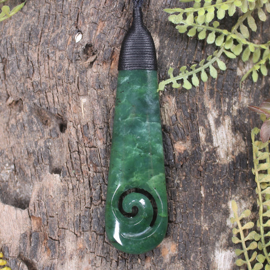 Roimata or Teardop with Koru carved from Kawakawa Pounamu - NZ Greenstone