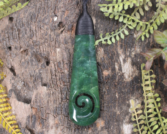 Roimata or Teardop with Koru carved from Kawakawa Pounamu - NZ Greenstone
