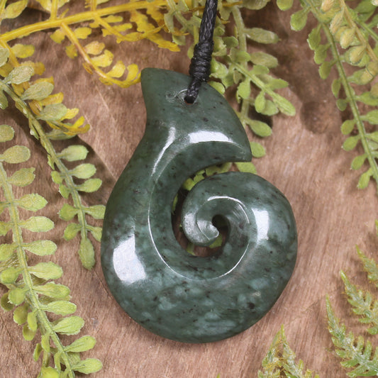 Hei Matau or Fish Hook carved from Rimu Pounamu - NZ Greenstone