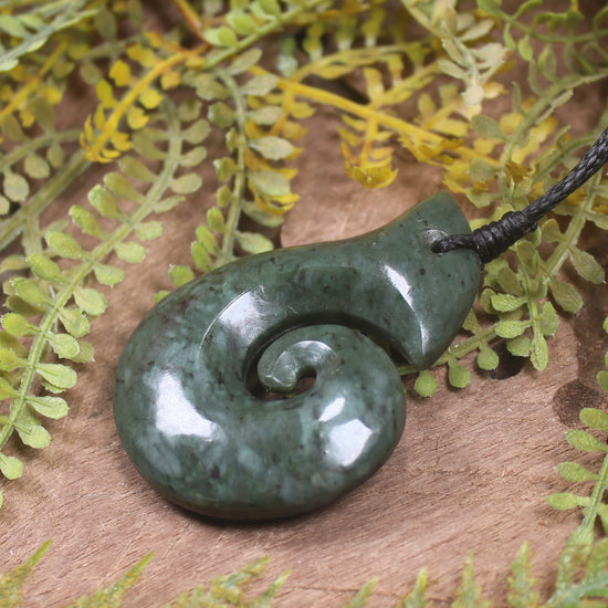 Hei Matau or Fish Hook carved from Rimu Pounamu - NZ Greenstone