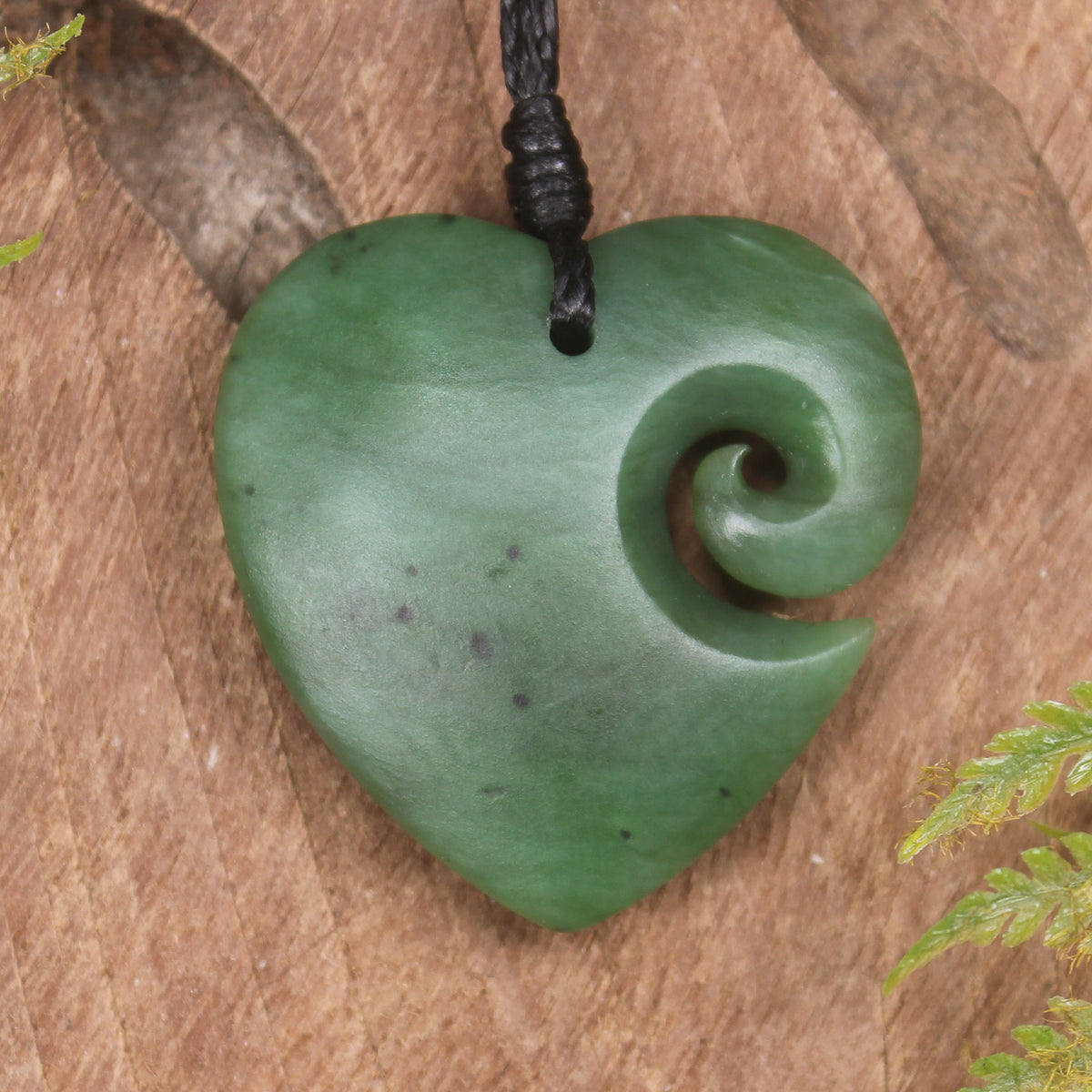 Heart with Koru carved from Hapopo Pounamu - NZ Greenstone