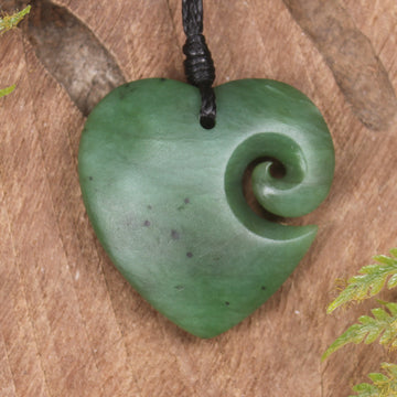 Heart with Koru carved from Hapopo Pounamu - NZ Greenstone