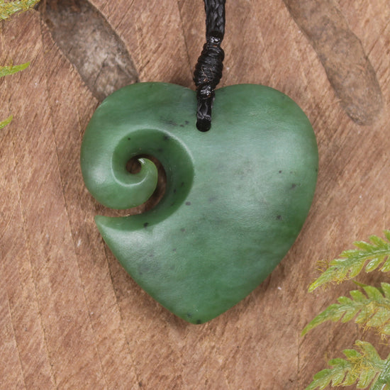 Heart with Koru carved from Hapopo Pounamu - NZ Greenstone