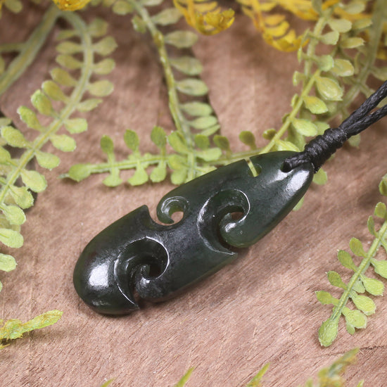 Roimata or Teardrop with Koru carved from Kawakawa Pounamu - NZ Greenstone