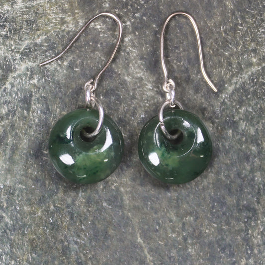 Porowhita Earrings carved from Kawakawa Pounamu - NZ Greenstone