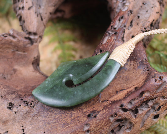 Hei Matau or Fish Hook carved from Kawakawa Pounamu - NZ Greenstone
