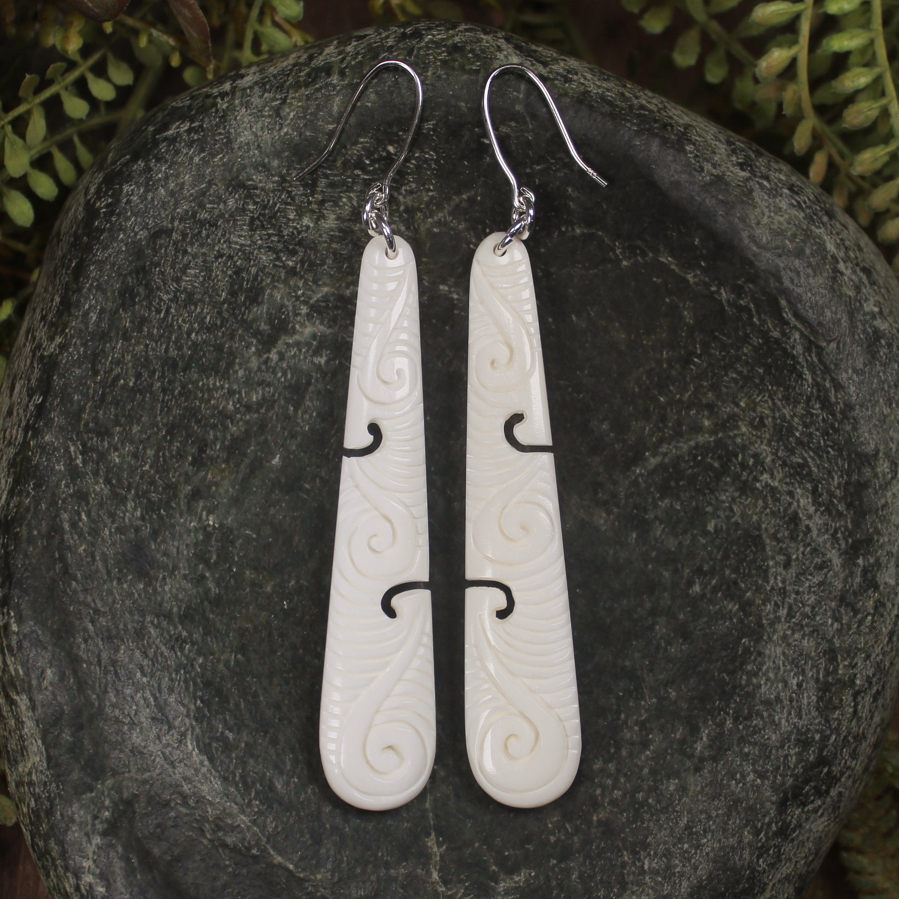 Roimata with Koru earrings carved from NZ Beef Bone