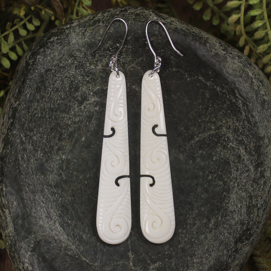 Roimata with Koru earrings carved from NZ Beef Bone