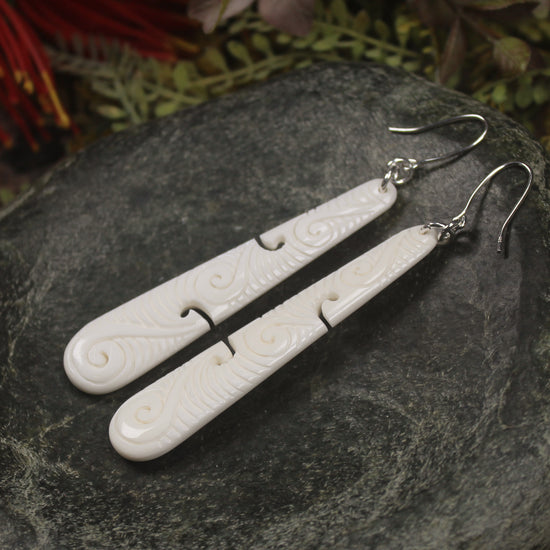 Roimata with Koru earrings carved from NZ Beef Bone