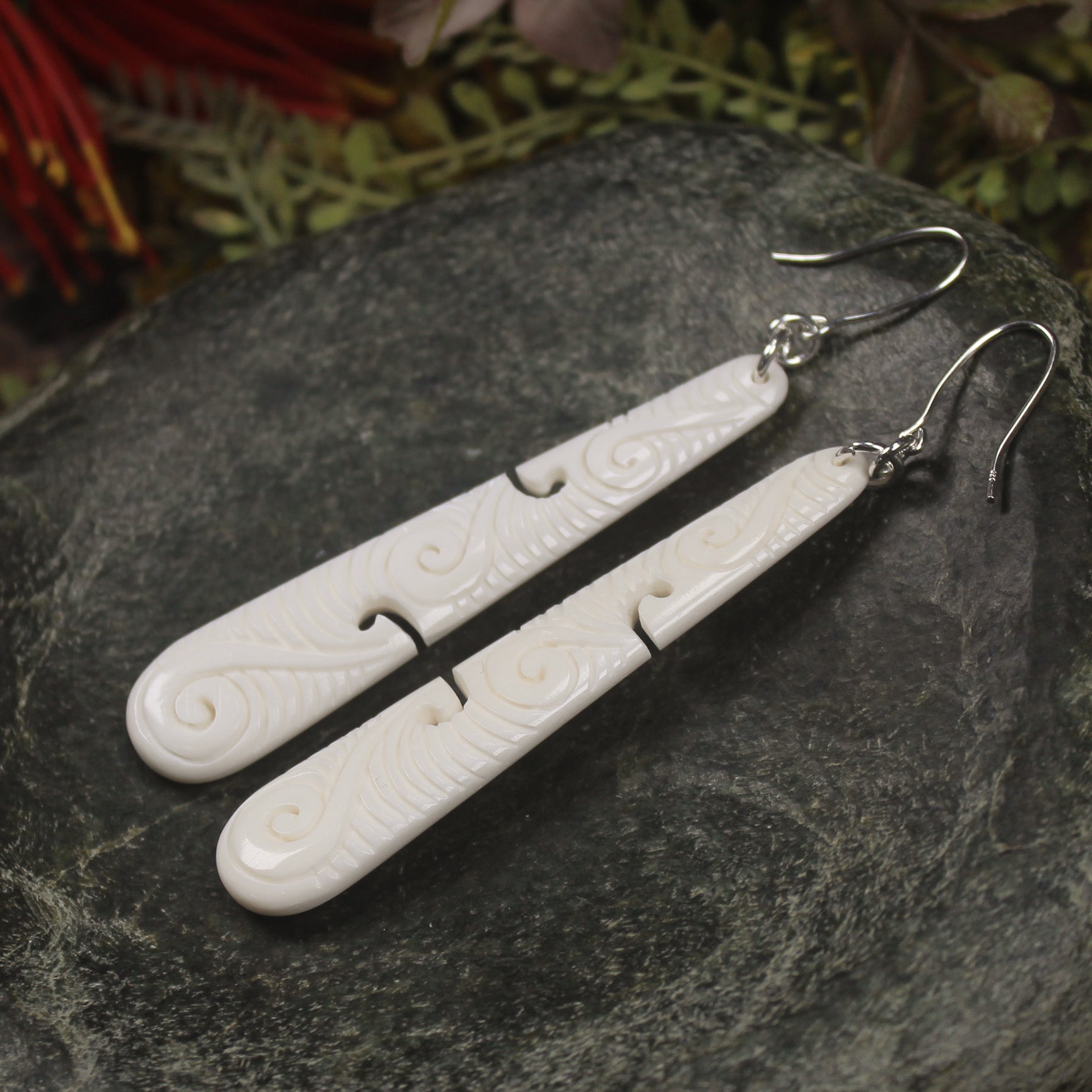 Roimata with Koru earrings carved from NZ Beef Bone