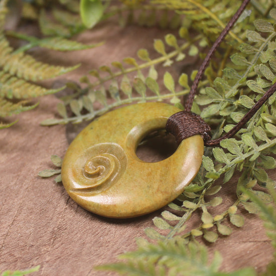 Porowhita with Koru carved from Flower Jade Pounamu - NZ Greenstone