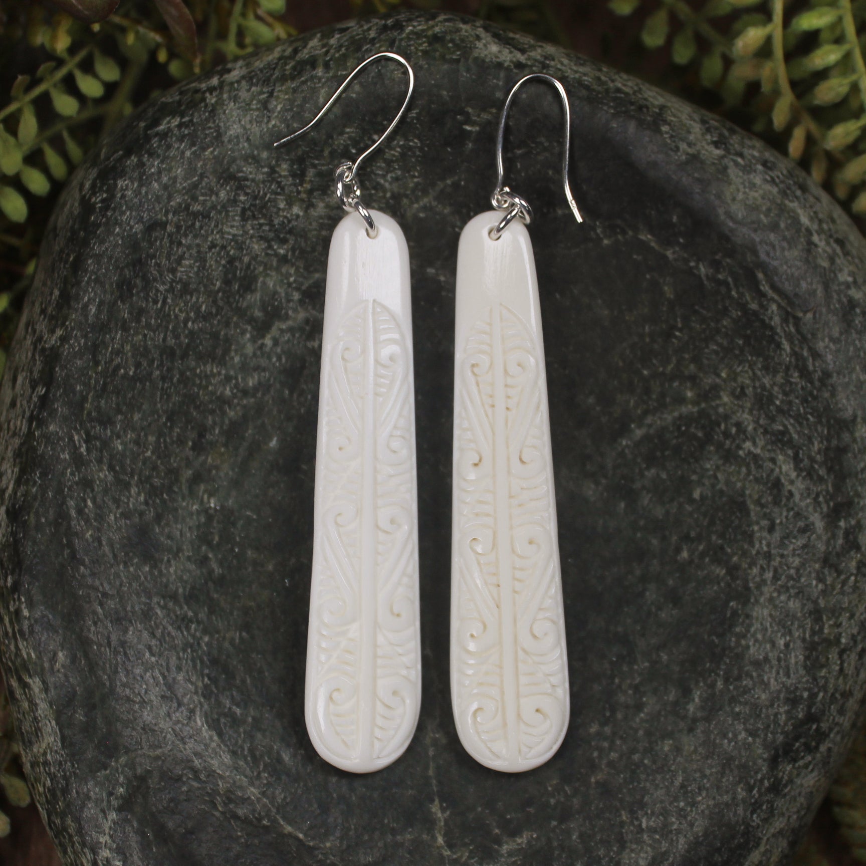 Roimata with Koru earrings carved from NZ Beef Bone