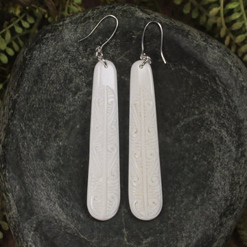 Roimata with Koru earrings carved from NZ Beef Bone