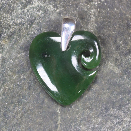 Heart with Koru carved from Kawakawa Pounamu - NZ Greenstone