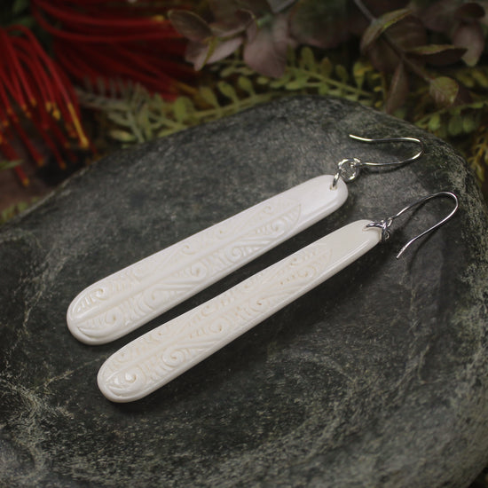 Roimata with Koru earrings carved from NZ Beef Bone