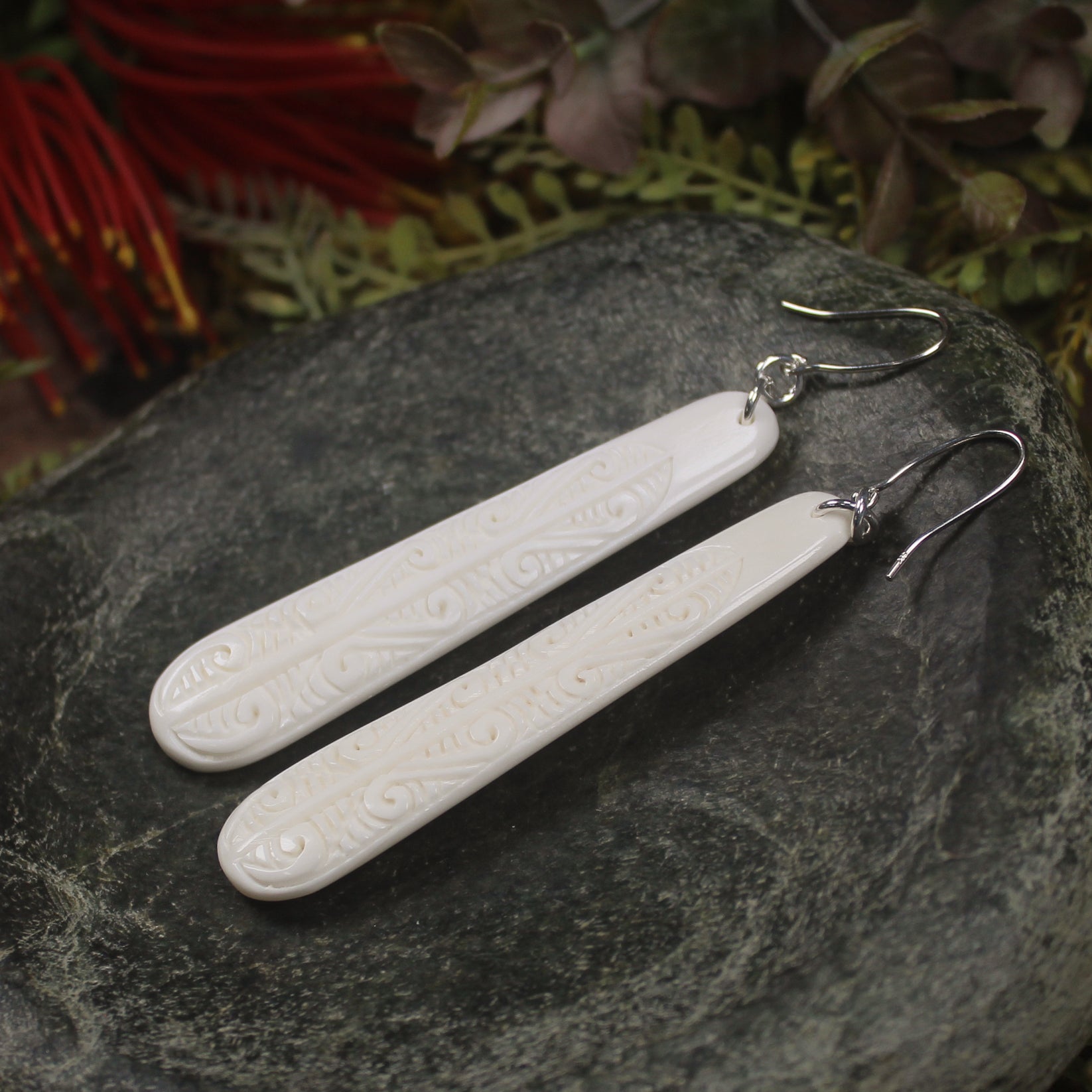 Roimata with Koru earrings carved from NZ Beef Bone