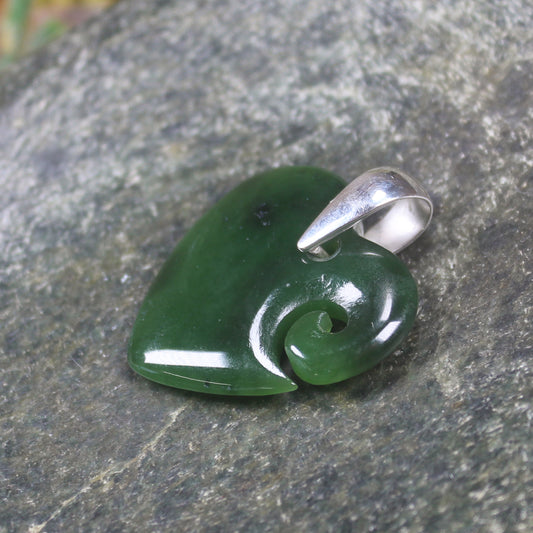Heart with Koru carved from Kawakawa Pounamu - NZ Greenstone