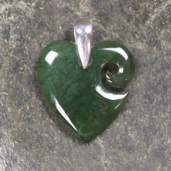 Heart with Koru carved from Kawakawa Pounamu - NZ Greenstone