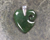Heart with Koru carved from Kawakawa Pounamu - NZ Greenstone