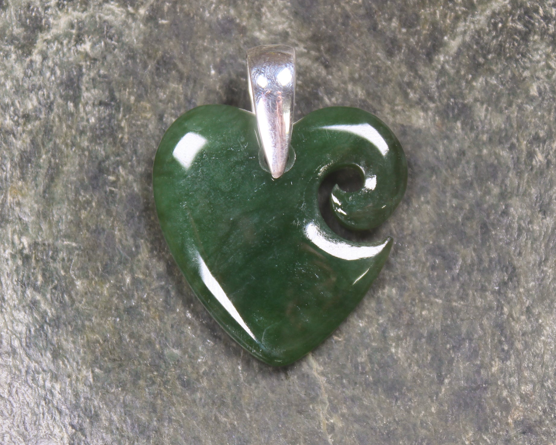 Heart with Koru carved from Kawakawa Pounamu - NZ Greenstone