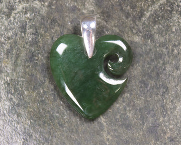 Heart with Koru carved from Kawakawa Pounamu - NZ Greenstone