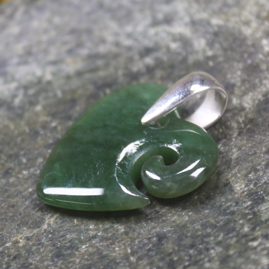 Heart with Koru carved from Kawakawa Pounamu - NZ Greenstone
