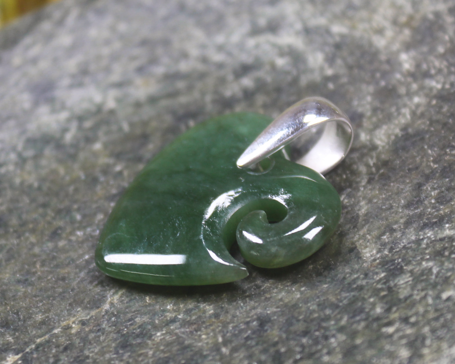 Heart with Koru carved from Kawakawa Pounamu - NZ Greenstone