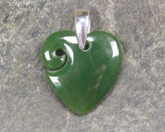 Heart with Koru carved from Hapopo Pounamu - NZ Greenstone