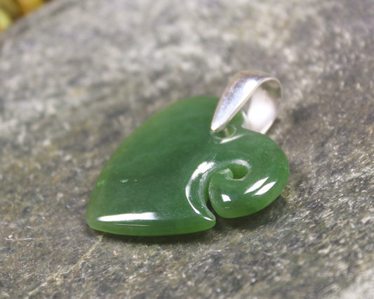 Heart with Koru carved from Hapopo Pounamu - NZ Greenstone