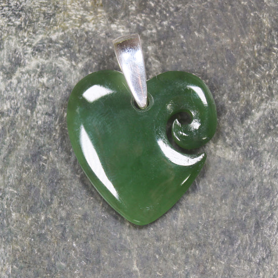 Heart with Koru carved from Kawakawa Pounamu - NZ Greenstone