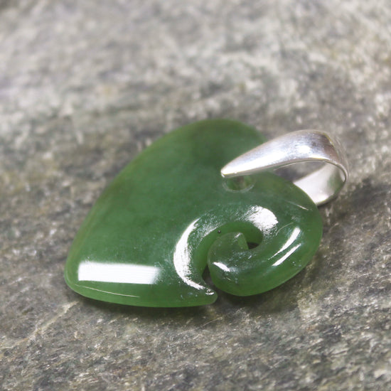 Heart with Koru carved from Kawakawa Pounamu - NZ Greenstone
