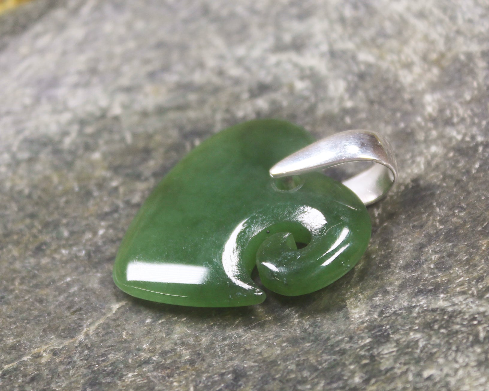 Heart with Koru carved from Kawakawa Pounamu - NZ Greenstone