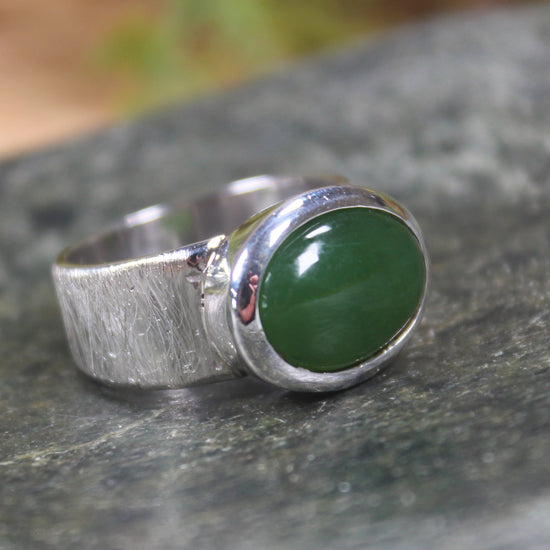 Sterling Silver Kawakawa Pounamu Ring - NZ Greenstone