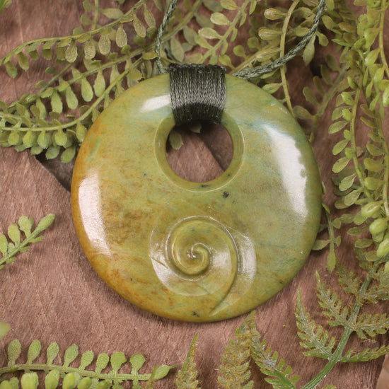 Porowhita with Koru carved from Flower Jade Pounamu - NZ Greenstone
