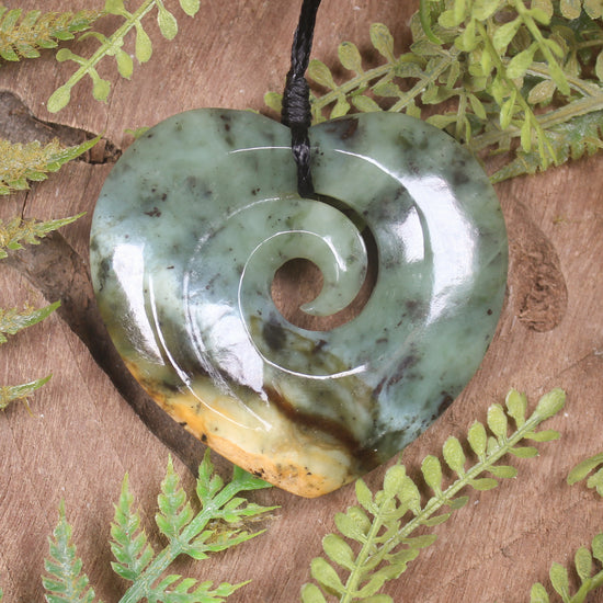 Heart with Koru carved from Flower Jade Pounamu - NZ Greenstone