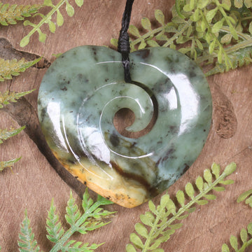 Heart with Koru carved from Flower Jade Pounamu - NZ Greenstone