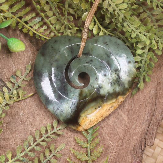 Heart with Koru carved from Flower Jade Pounamu - NZ Greenstone